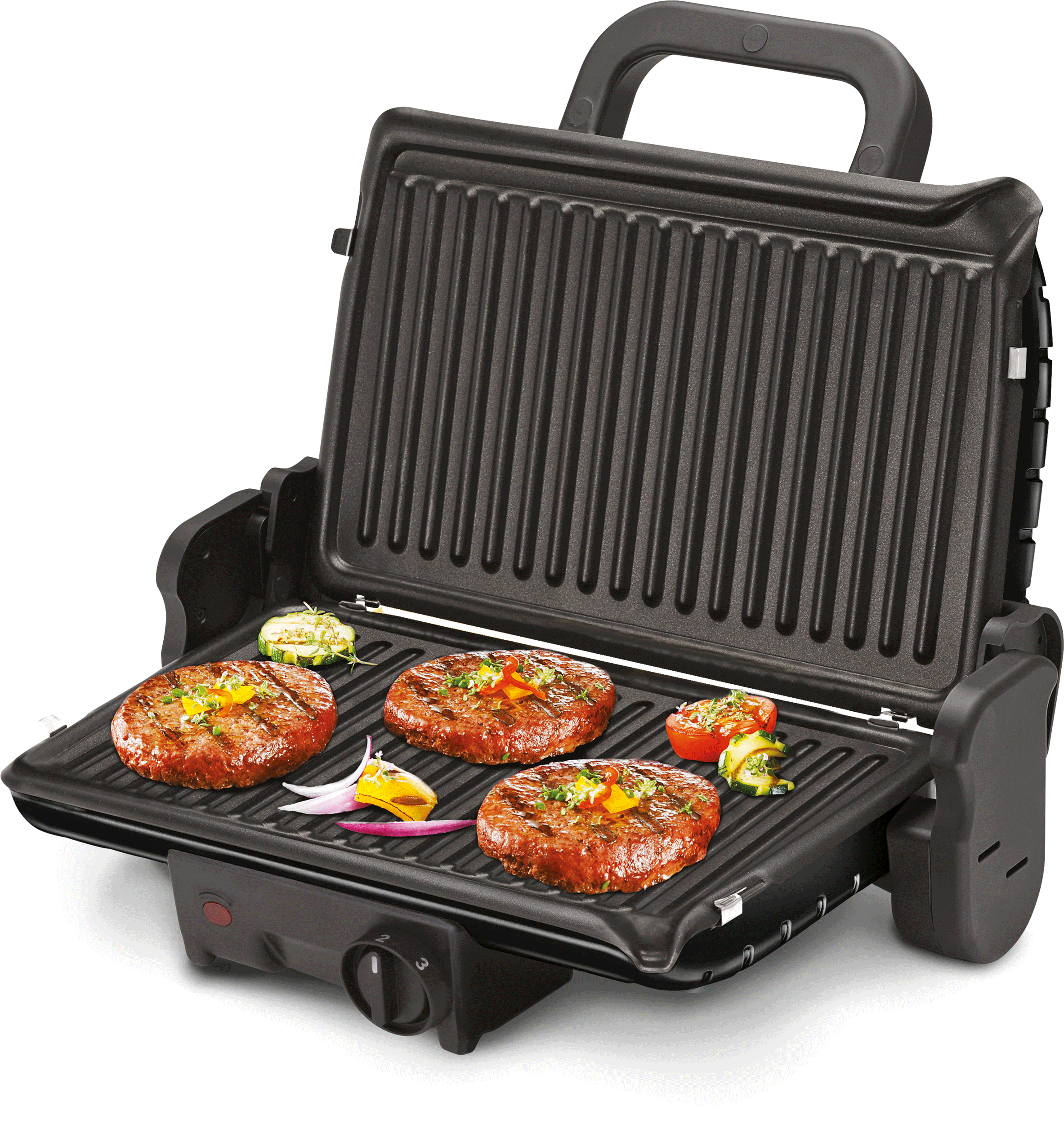 An open black grill with cooked burgers, tomatoes and onions, ready to serve on a black surface.