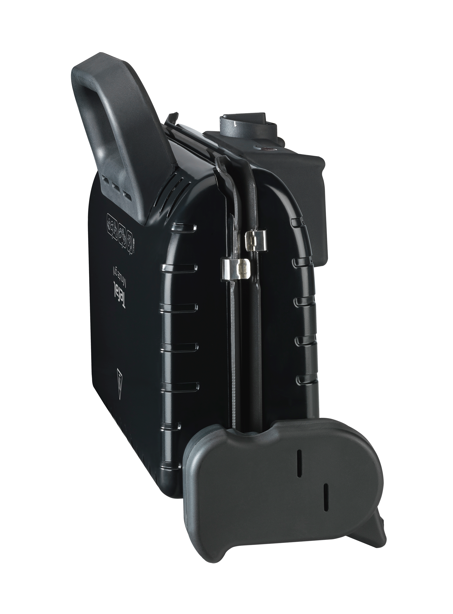 A black sandwich maker from the side. The handle is up.