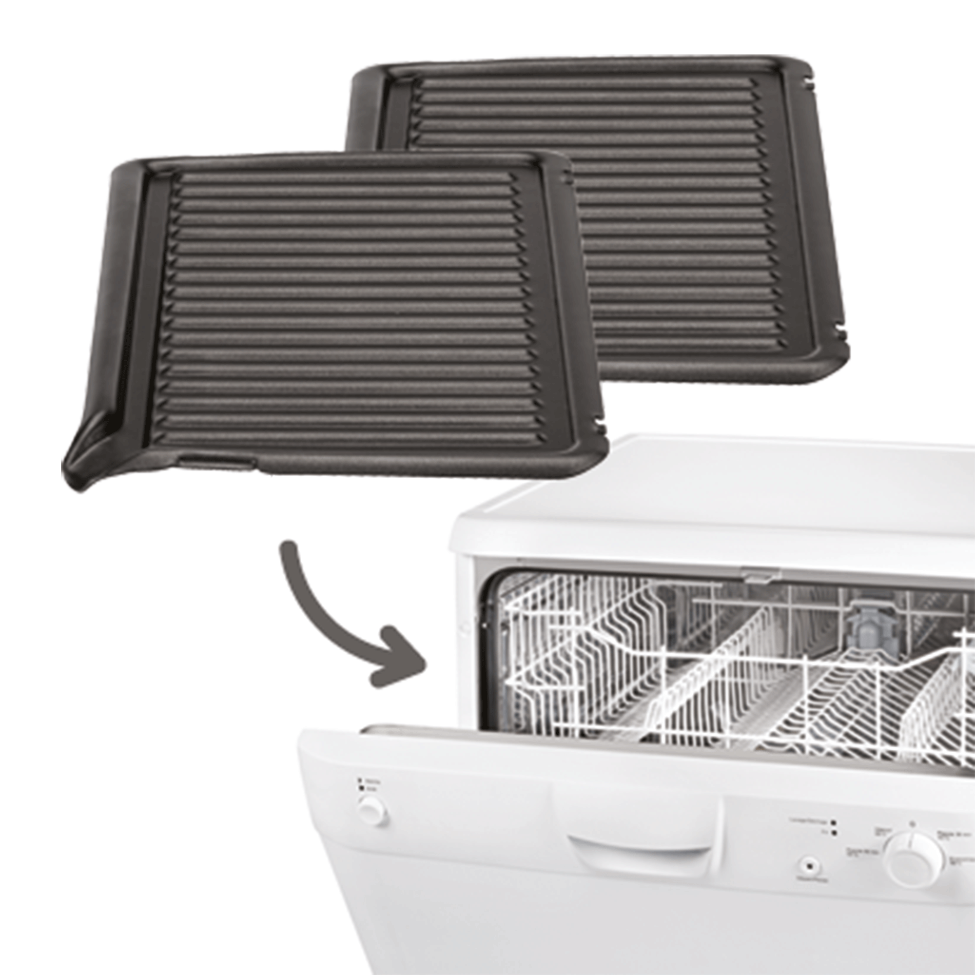 Two black grill plates being placed in a dishwasher.