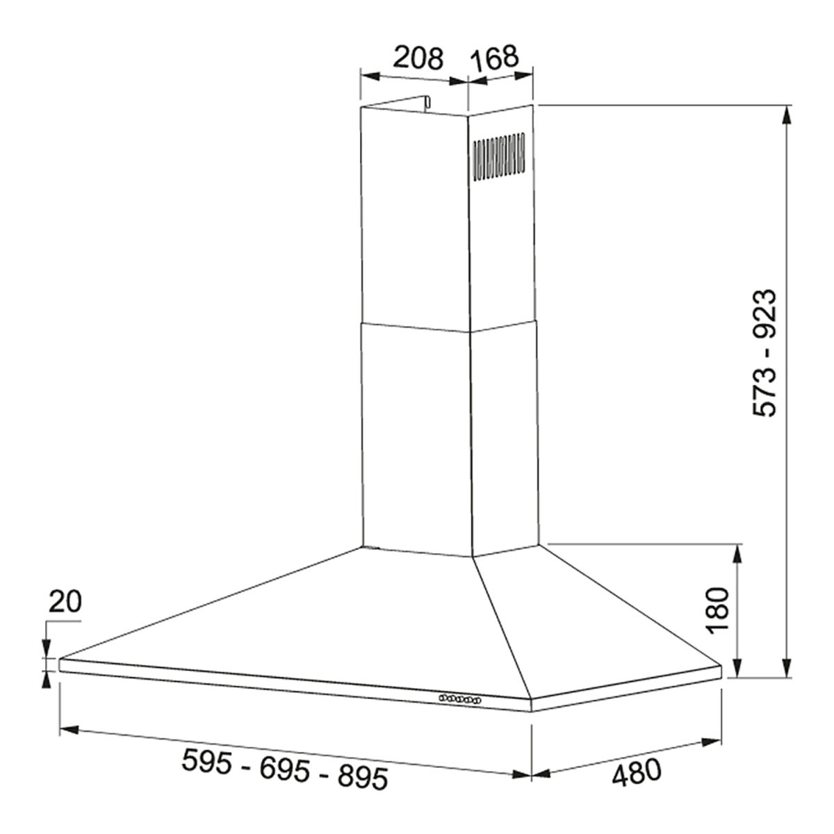 Dibujo técnico de una campana extractora plateada con dimensiones en mm.