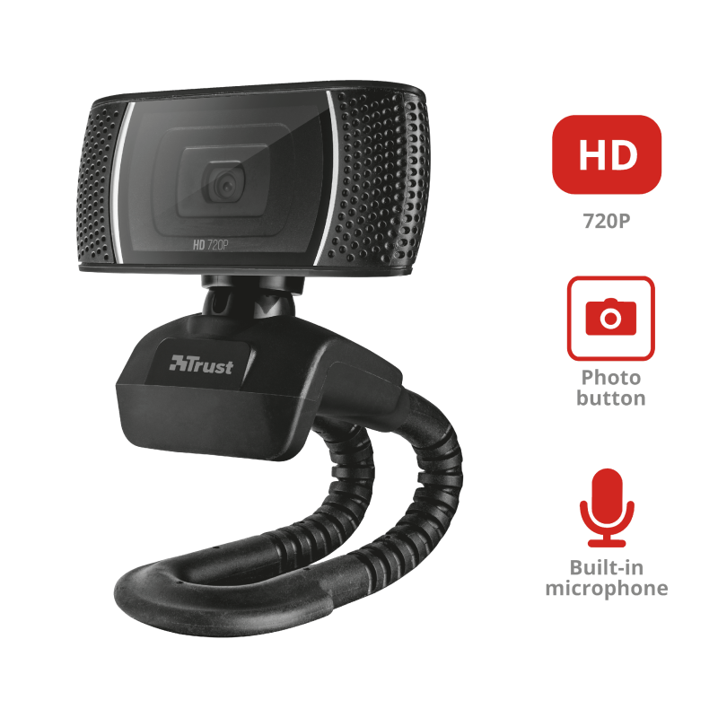 Webcam Trust noire avec HD 720p, bouton photo et microphone intégré.