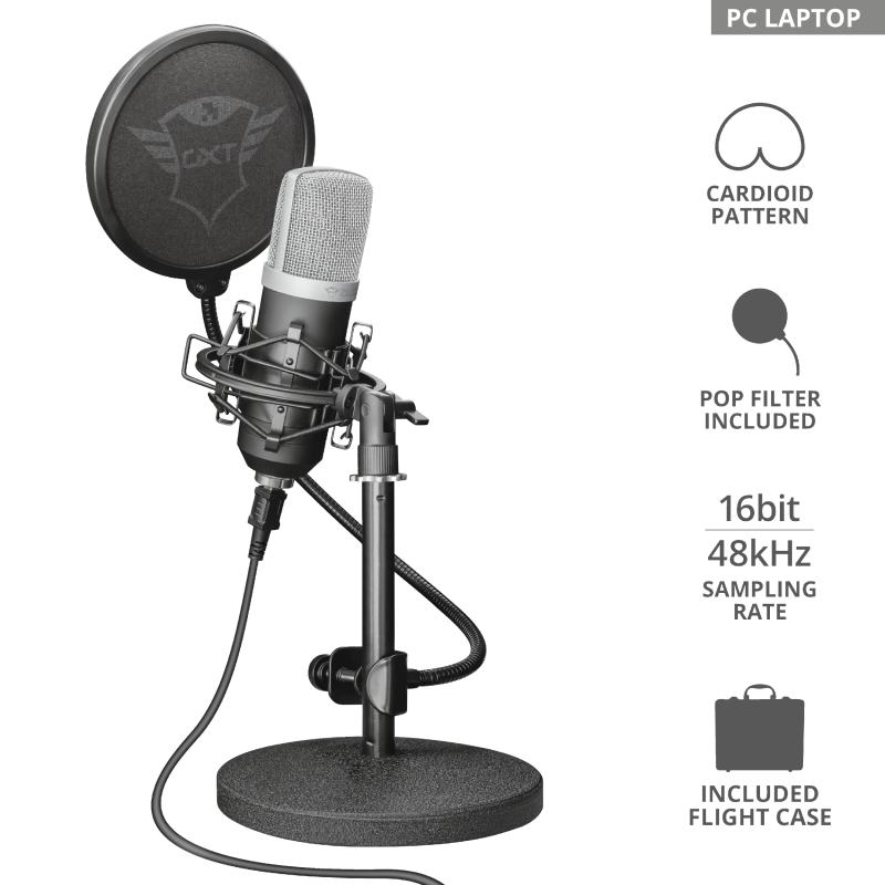 Een microfoon met popfilter, op een standaard. Kenmerken zijn cardioïde patroon, popfilter, 16bit 48kHz sampling en koffer.