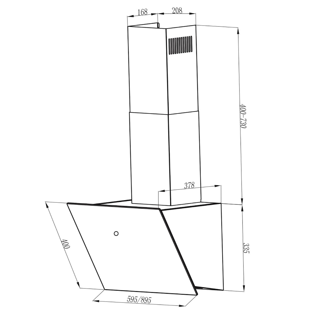 Dibujo técnico de una campana extractora. Muestra dimensiones y un diseño moderno.