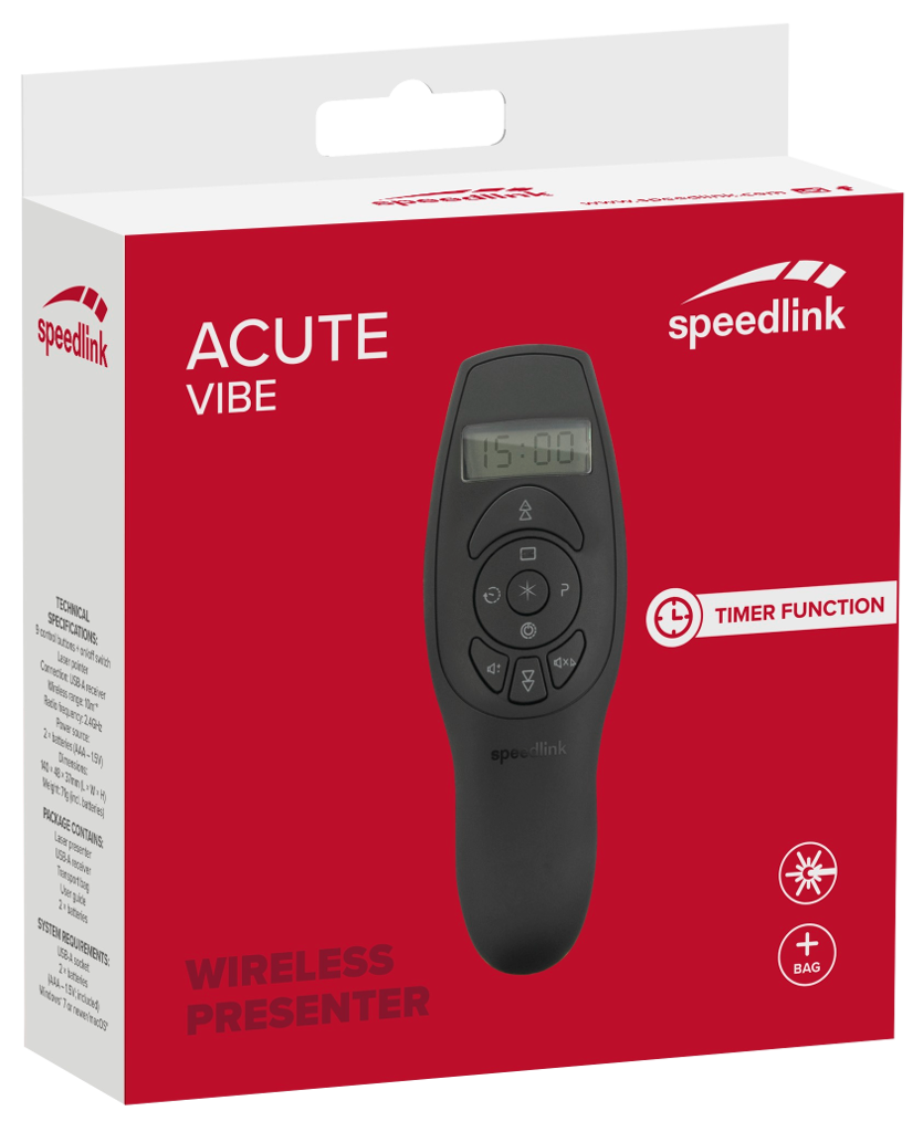 Egy Speedlink vezeték nélküli prezentációs doboz fekete távirányítóval. A dobozon a felirat: 'ACUTE VIBE' és 'WIRELESS PRESENTER'.