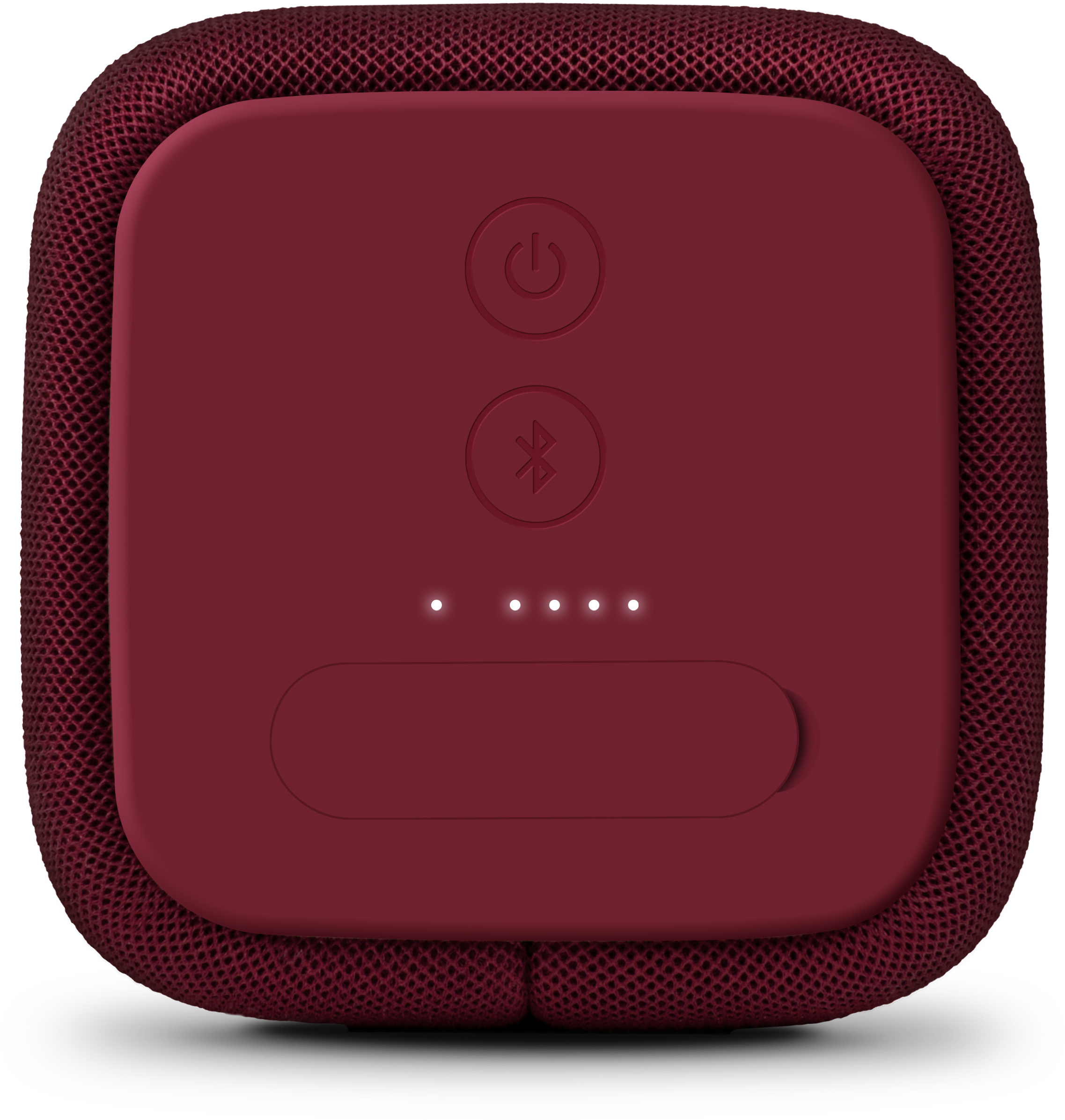 Ein roter Lautsprecher mit Ein-/Aus- und Bluetooth-Tasten. Vier weiße Lichter zeigen den Akkustand an.