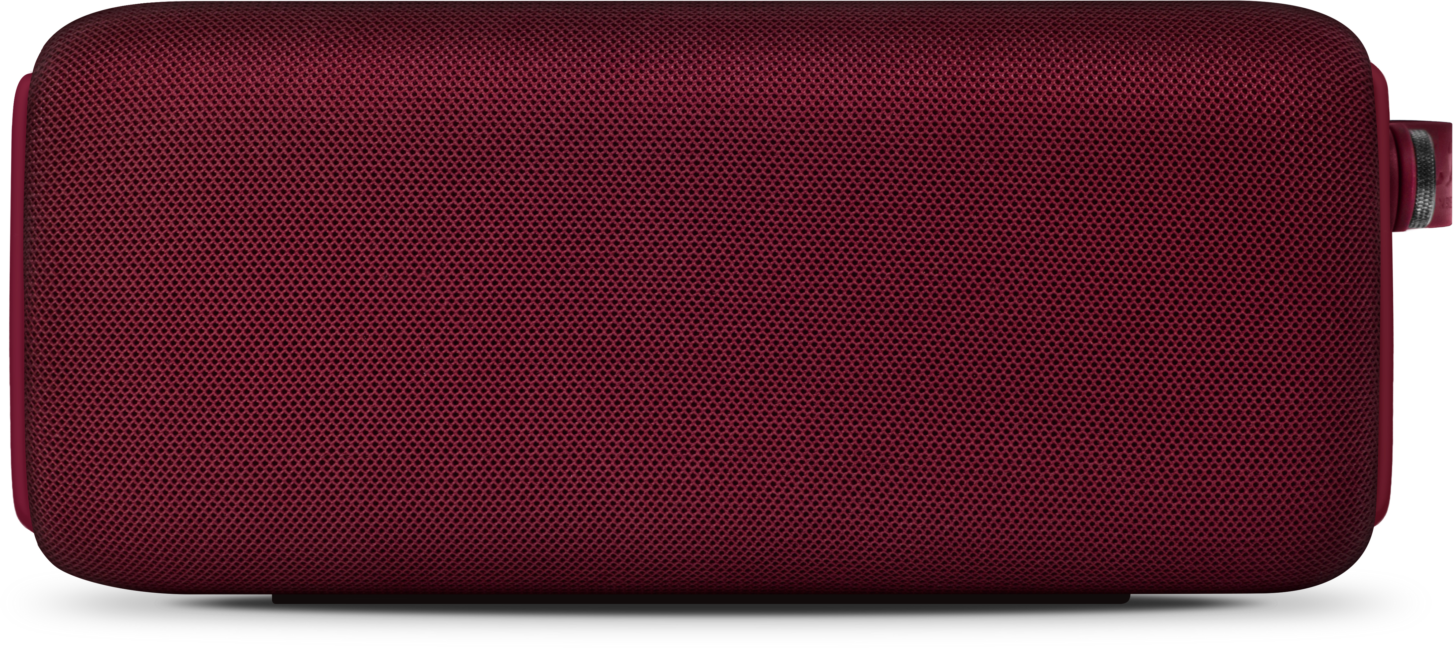Roter zylindrischer Lautsprecher mit Netzoberfläche und Griff.