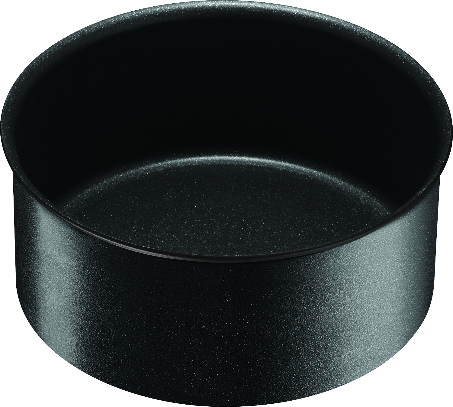 Une casserole noire et ronde. La casserole est vide avec un intérieur texturé et un extérieur lisse. Elle est isolée sur fond blanc.