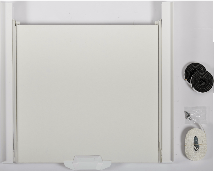 Weißer Schrank mit Tür, weißem Klebeband, Schrauben und schwarzem Klebeband.