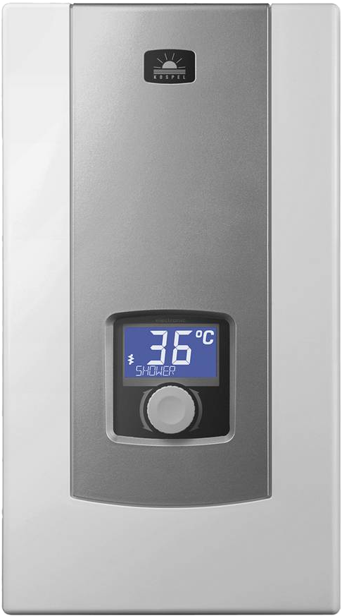 Fehér vízmelegítő 36°C-ot mutató digitális kijelzővel és vezérlőgombbal. A márkalogó felül található.