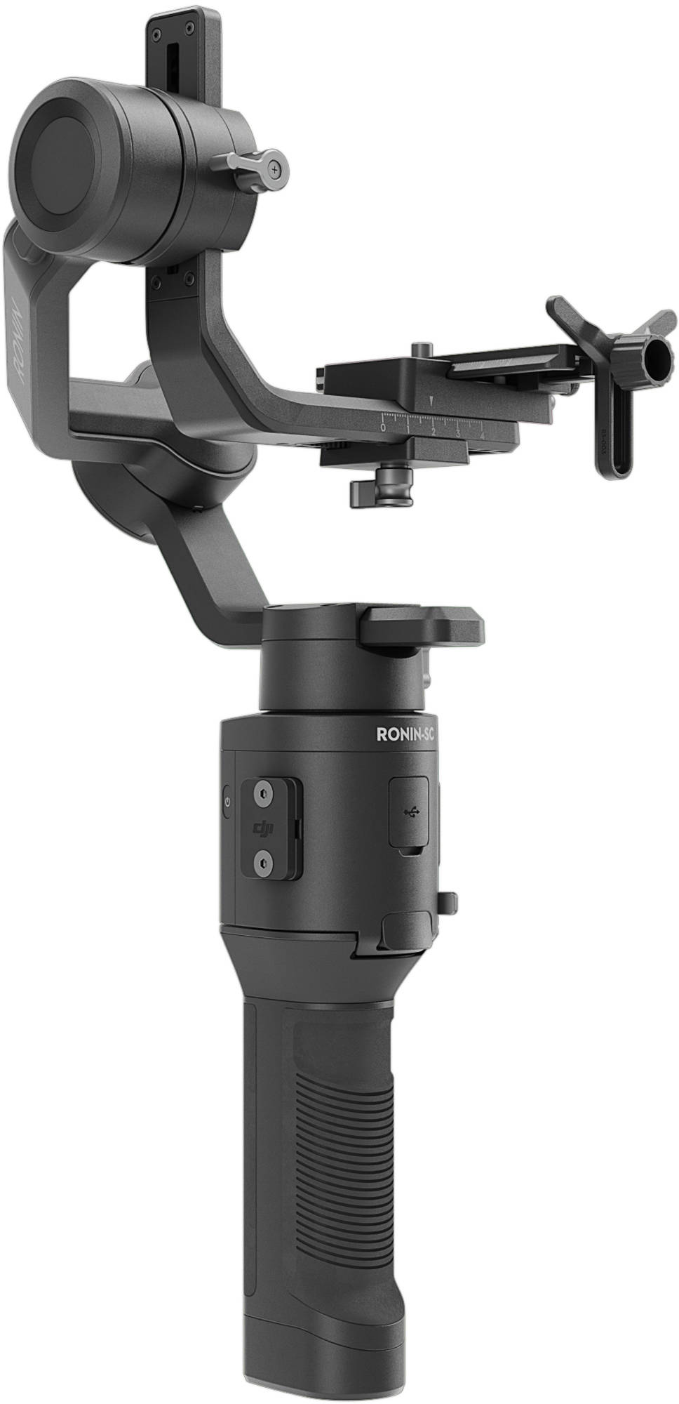 Un stabilisateur Ronin-SC noir, avec une poignée et divers points de réglage visibles.
