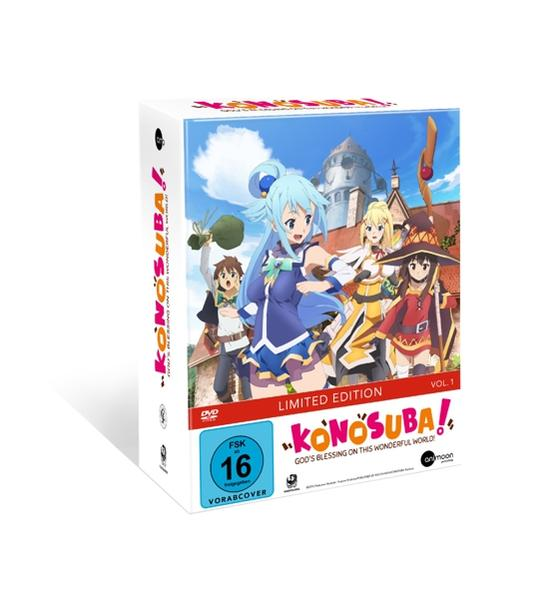 Konosuba! DVD-Box-Set mit Anime-Charakteren auf dem Cover, eine limitierte Edition mit FSK 16.