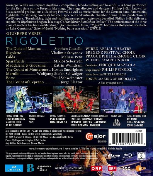 DVD-Cover mit Text in der oberen Hälfte und Bildern in der unteren Hälfte. Der Titel lautet 'RIGOLETTO'.