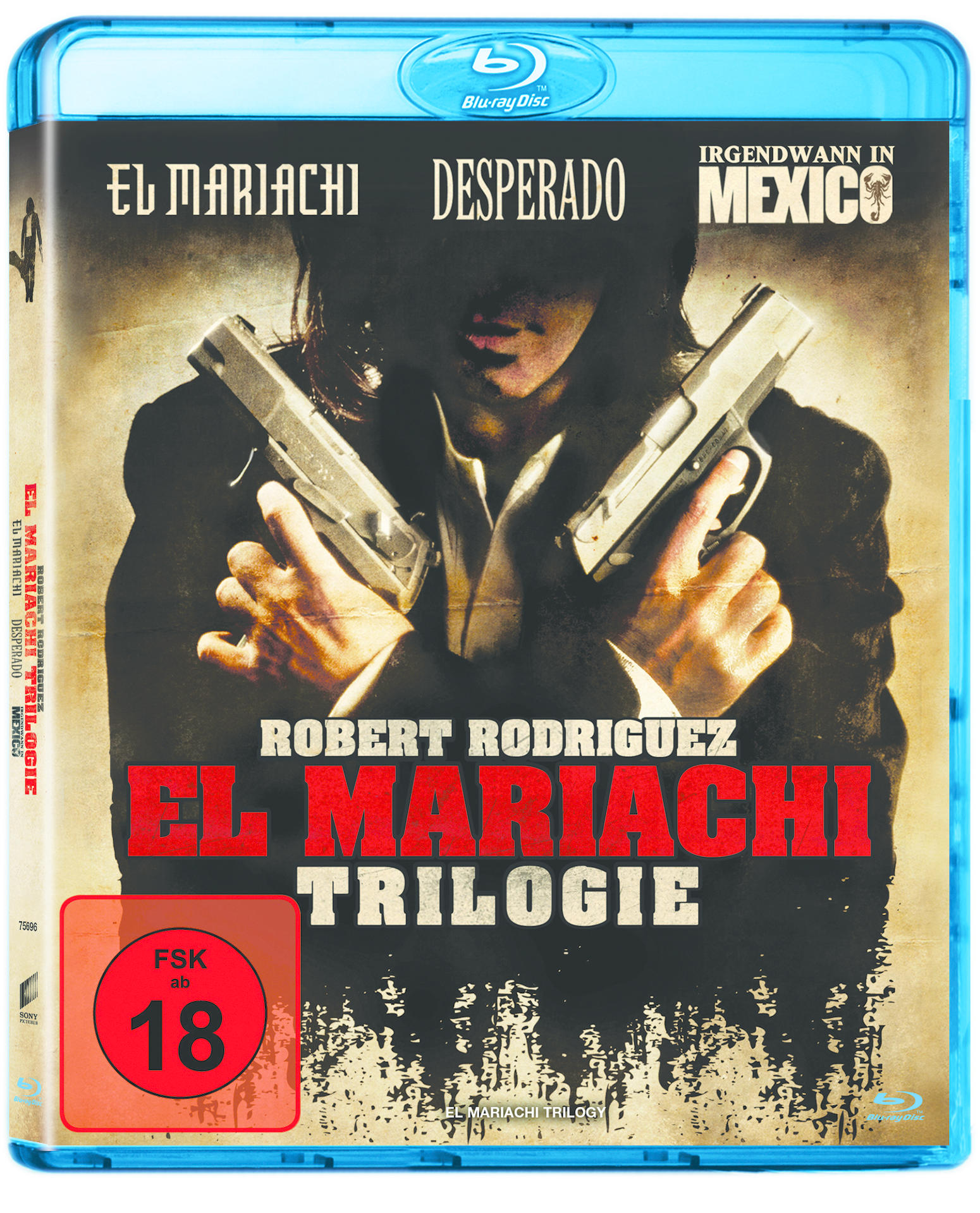 DVD-Cover: Mann mit Waffen. Titel: El Mariachi, Desperado, Irgendwann in Mexico. Robert Rodriguez.