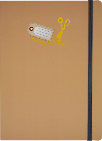 Bruin notitieboek met label en schaarontwerp, zwarte elastische band.