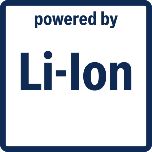 Quadratische Grafik mit dem Text 'powered by Li-ion' in Dunkelblau auf weißem Grund, blauer Rand.