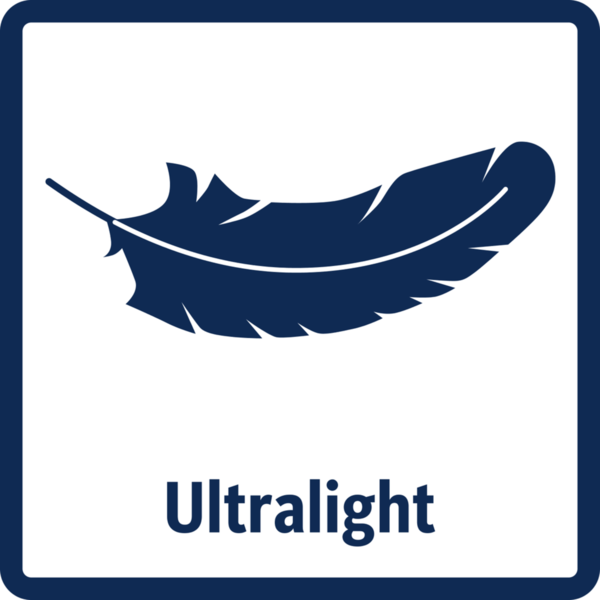 Ein blaues Feder-Symbol mit dem Wort 'Ultraleicht' in Weiß auf blauem Hintergrund.
