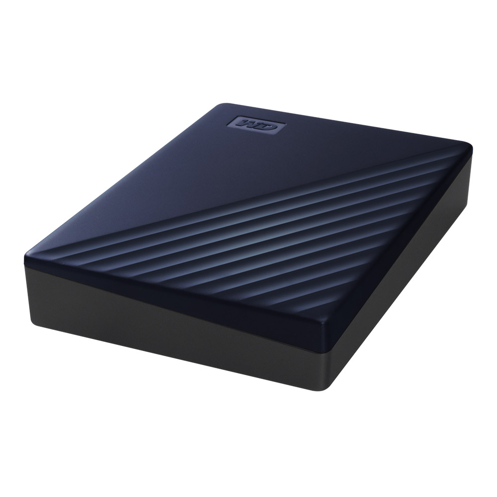 Eine schwarze und blaue WD externe Festplatte mit diagonalen Linien oben.