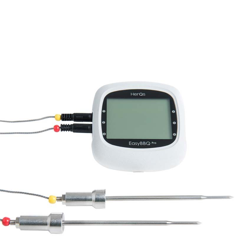 A white BBQ thermometer with two stainless steel probes and gray cables.