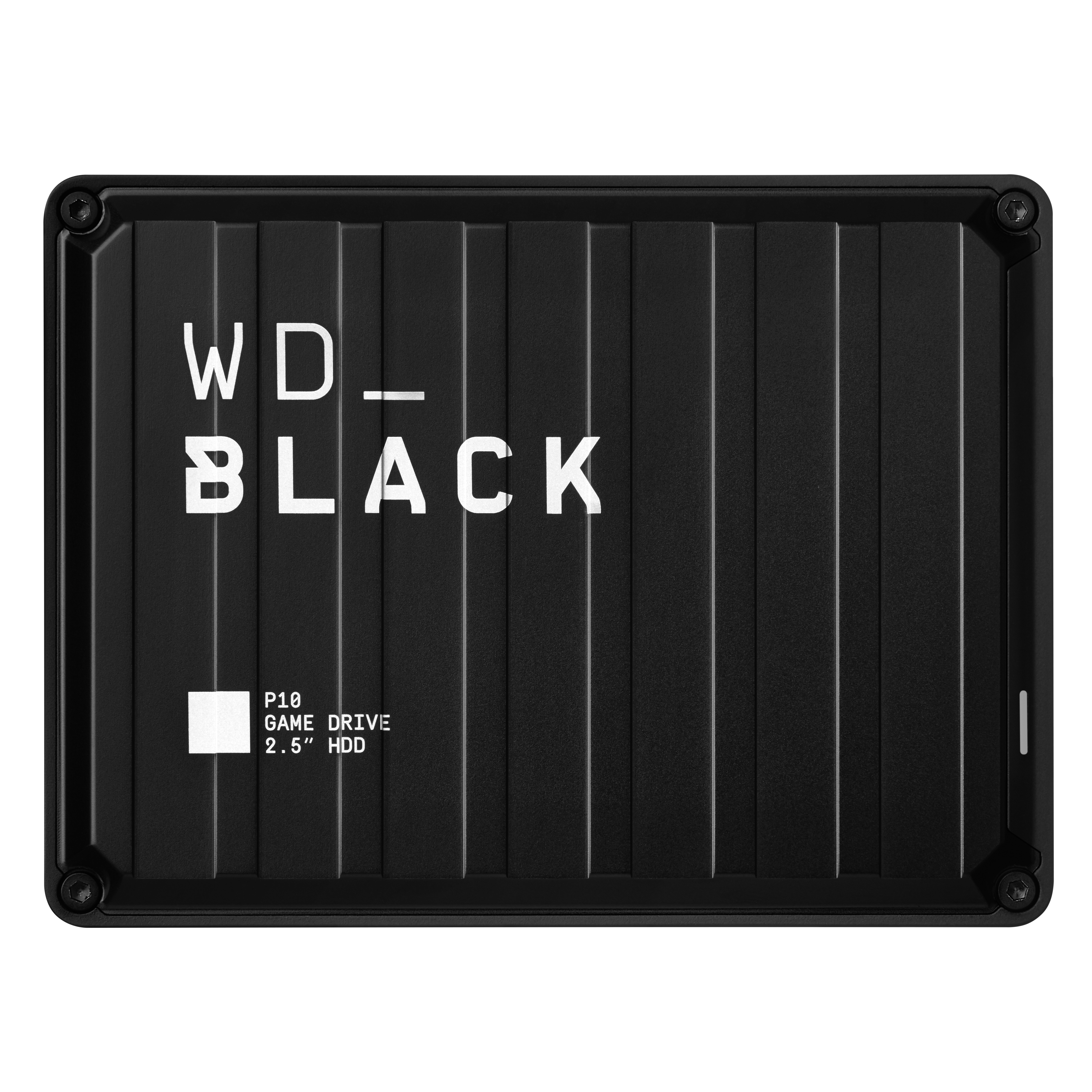 Schwarze WD_BLACK P10 Game Drive. Schwarzes Äußeres und WD_BLACK Logo.