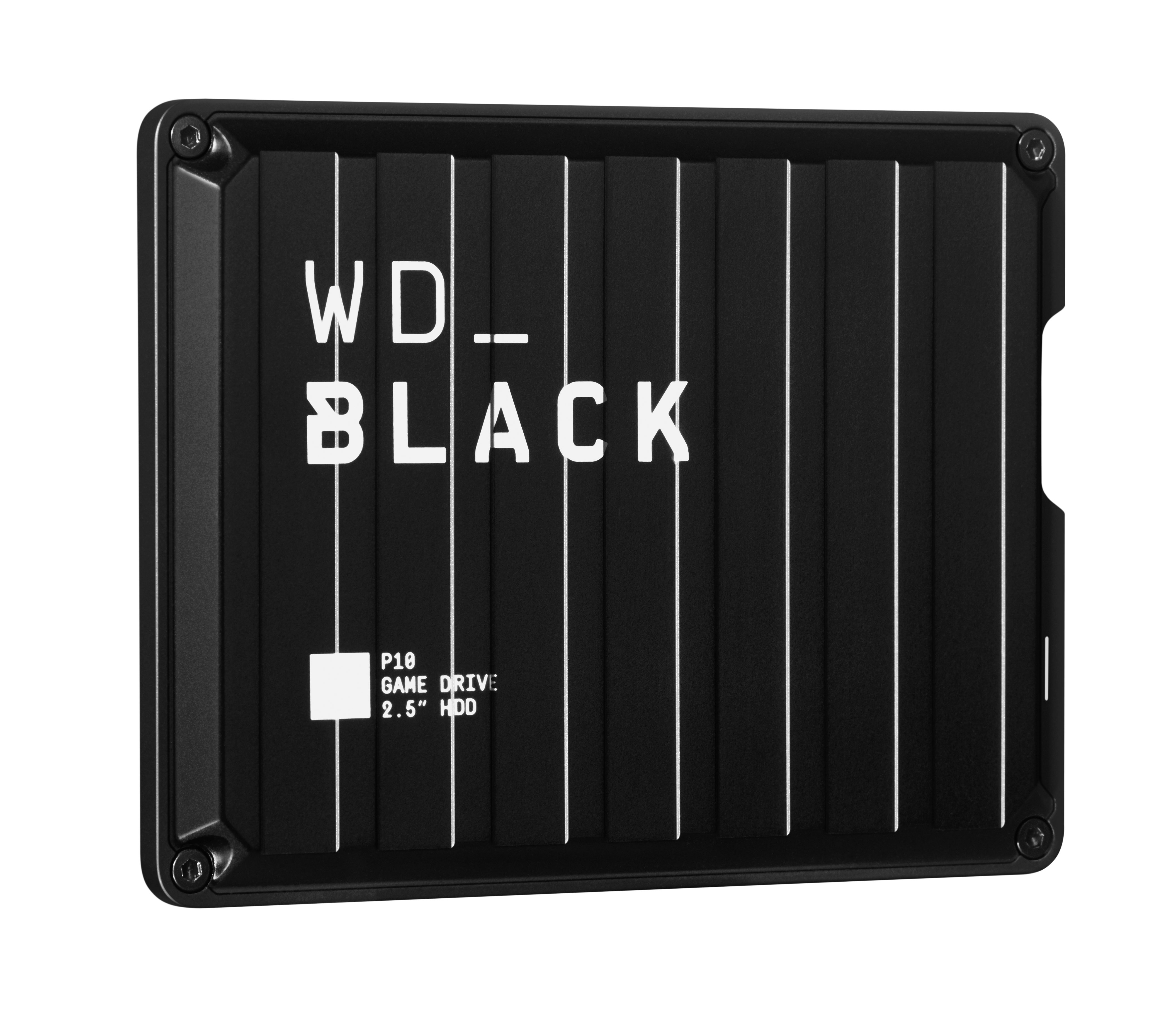 Schwarzes WD_BLACK P10 Game Drive. Weißer Text auf dem Laufwerk. Weißer Hintergrund.