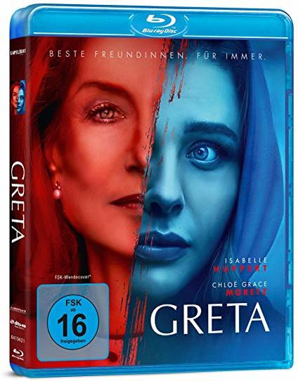 DVD-Hülle für den Film 'Greta'. Zeigt zwei Gesichter auf roten und blauen Hintergründen.