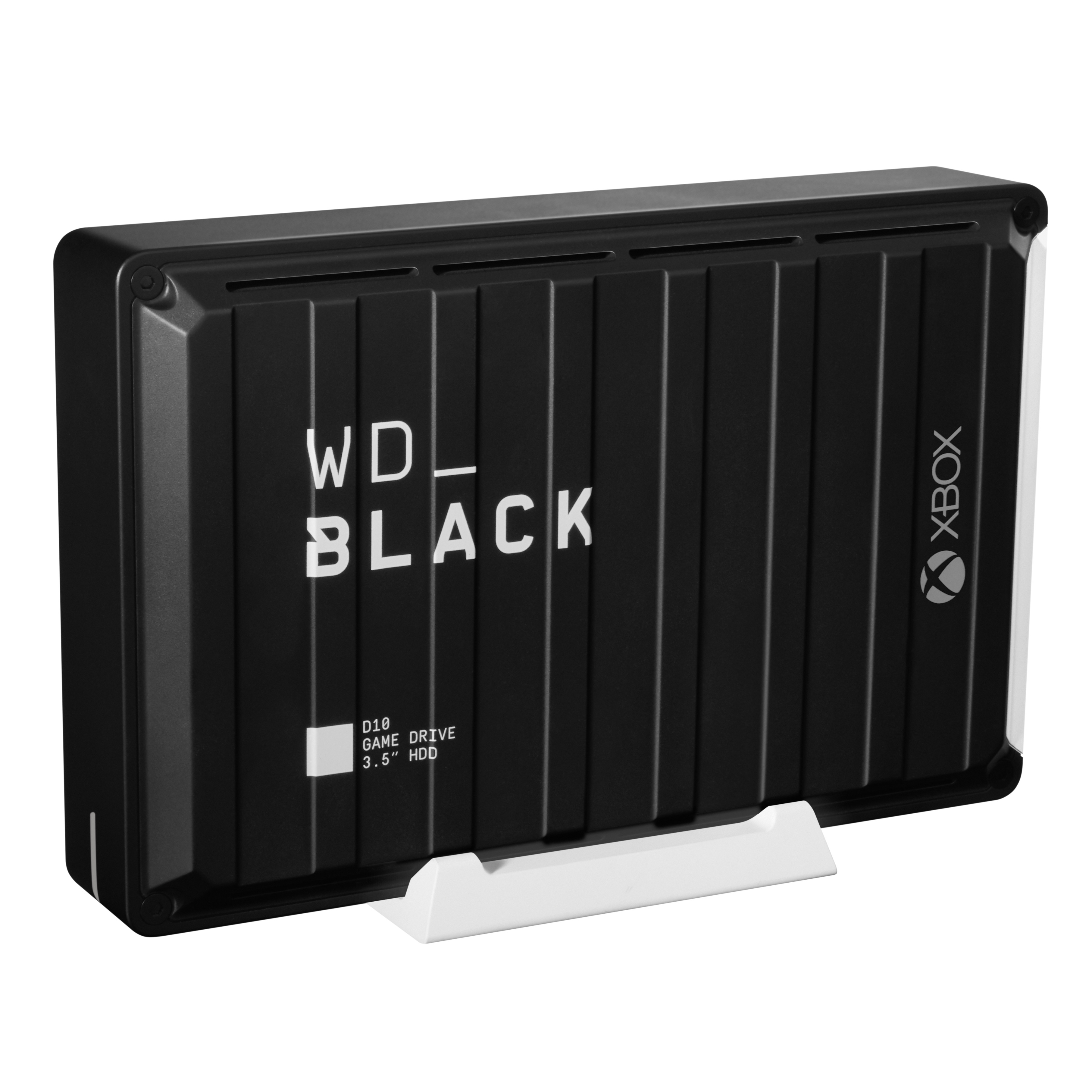 Schwarz-weiße WD_Black externe Festplatte für Xbox, mit Ständer.