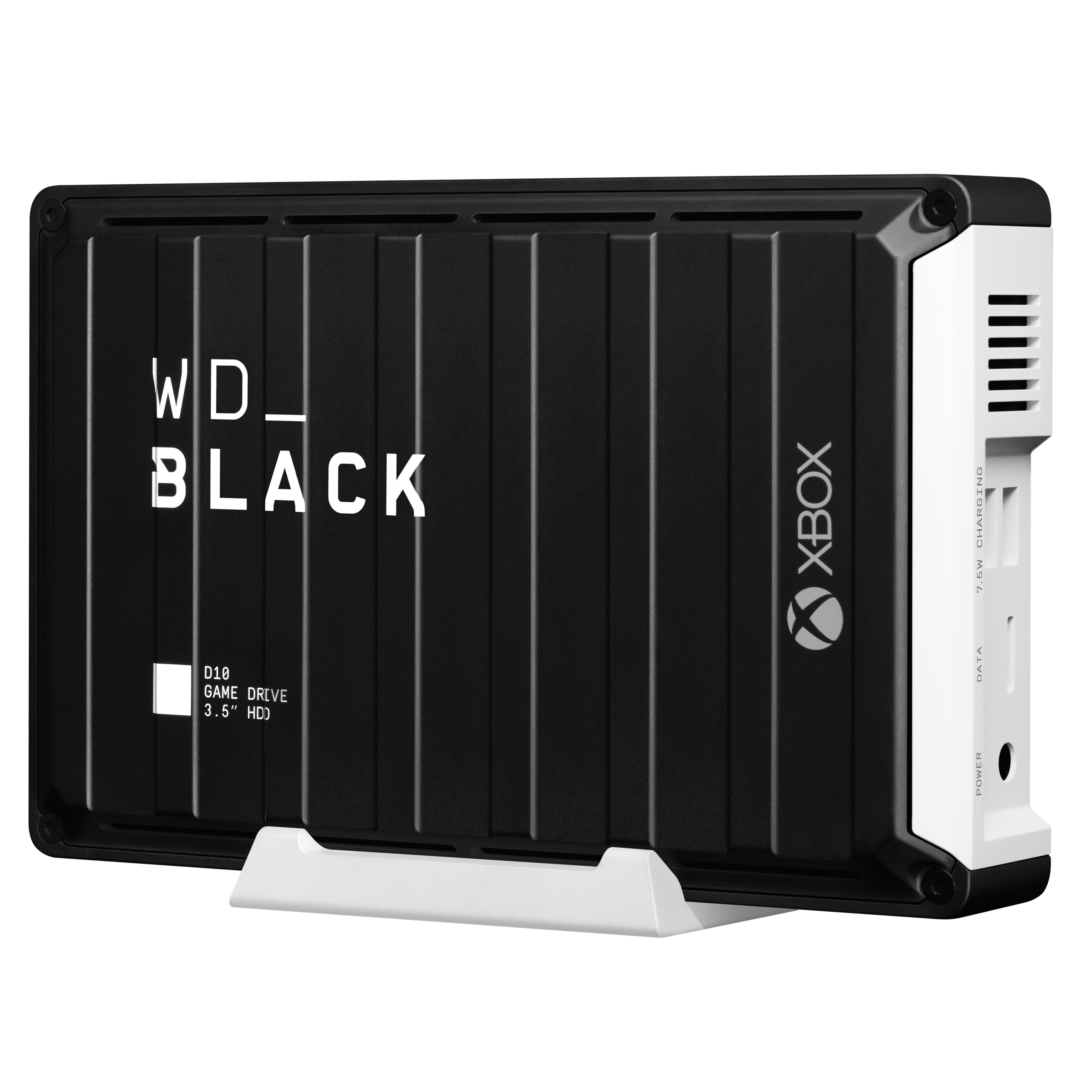 Eine schwarz-weiße WD_BLACK Xbox externe Festplatte auf einem weißen Ständer.