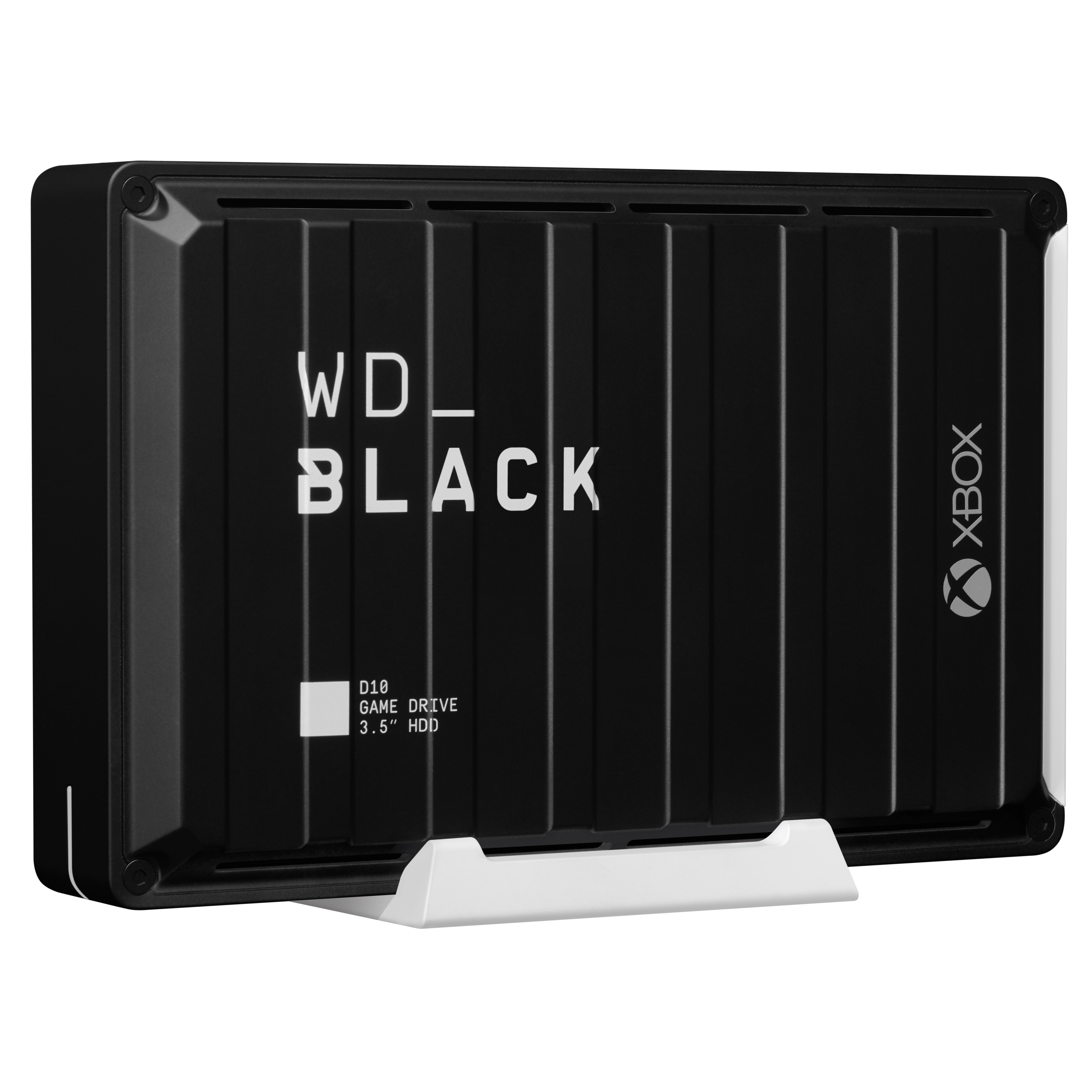 Schwarze WD_BLACK Xbox externe Festplatte auf weißem Ständer.