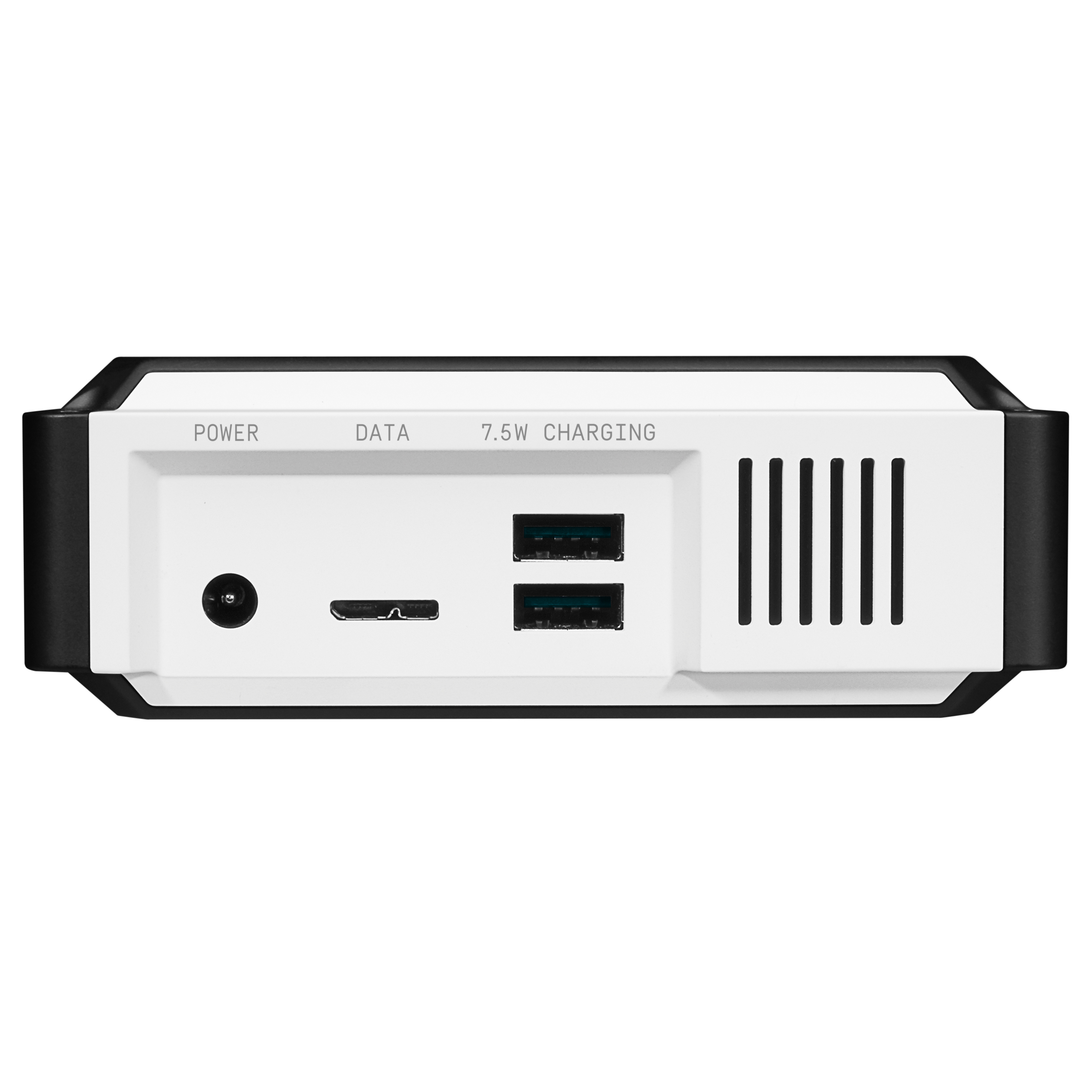 Ein weißes und schwarzes Gerät mit Anschlüssen, beschriftet mit 'POWER', 'DATA' und '7.5W CHARGING'. Schwarzer Hintergrund.