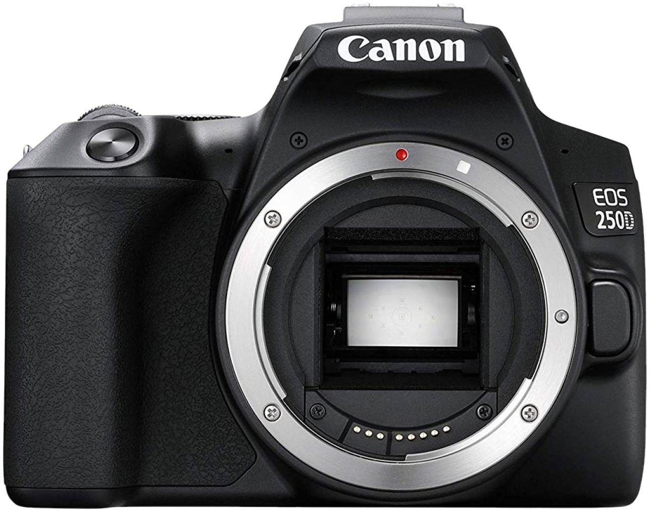 Zwarte Canon EOS 250D camera, lensvatting open. Canon logo bovenop. Zilveren lensring. EOS 250D rechts.