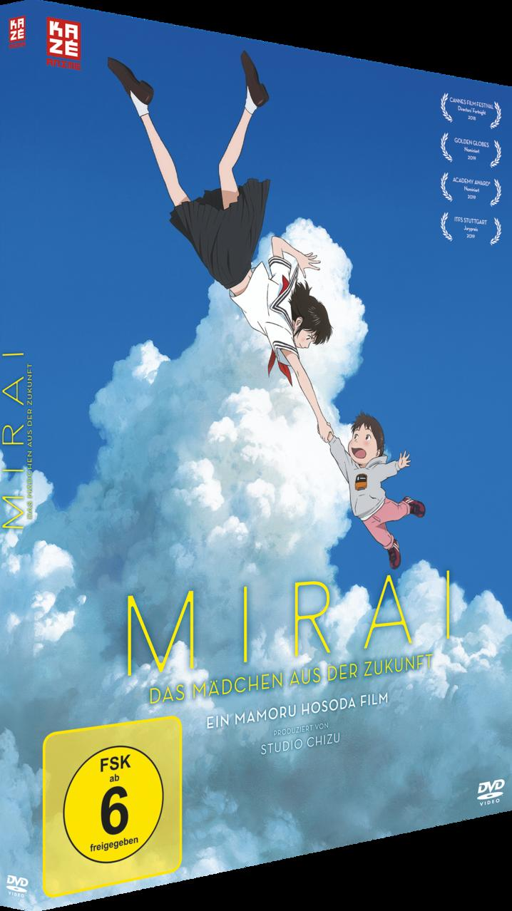 Filmcover eines Animationsfilms, mit einem schwebenden Mädchen und Jungen, und dem Titel „Mirai“.