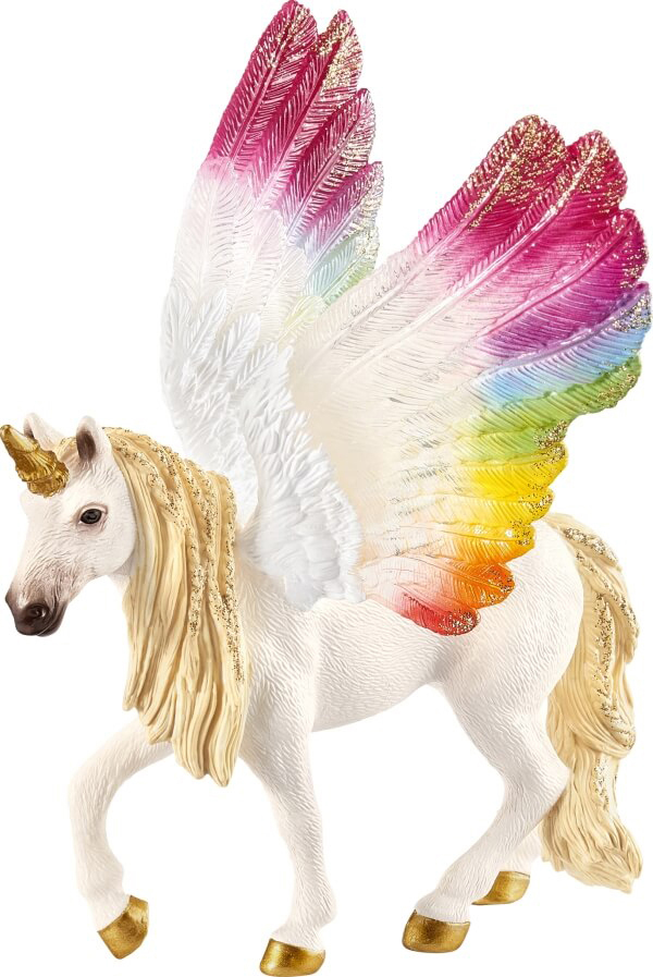 Einhornfigur mit Regenbogenflügeln und goldener Mähne/Horn. Weißer Körper, Laufpose. Weißer Hintergrund.