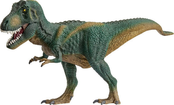 T-Rex-Dinosaurier-Spielzeug, grün und braun, steht auf weißem Untergrund, mit offenem Maul, Zähne zeigend.