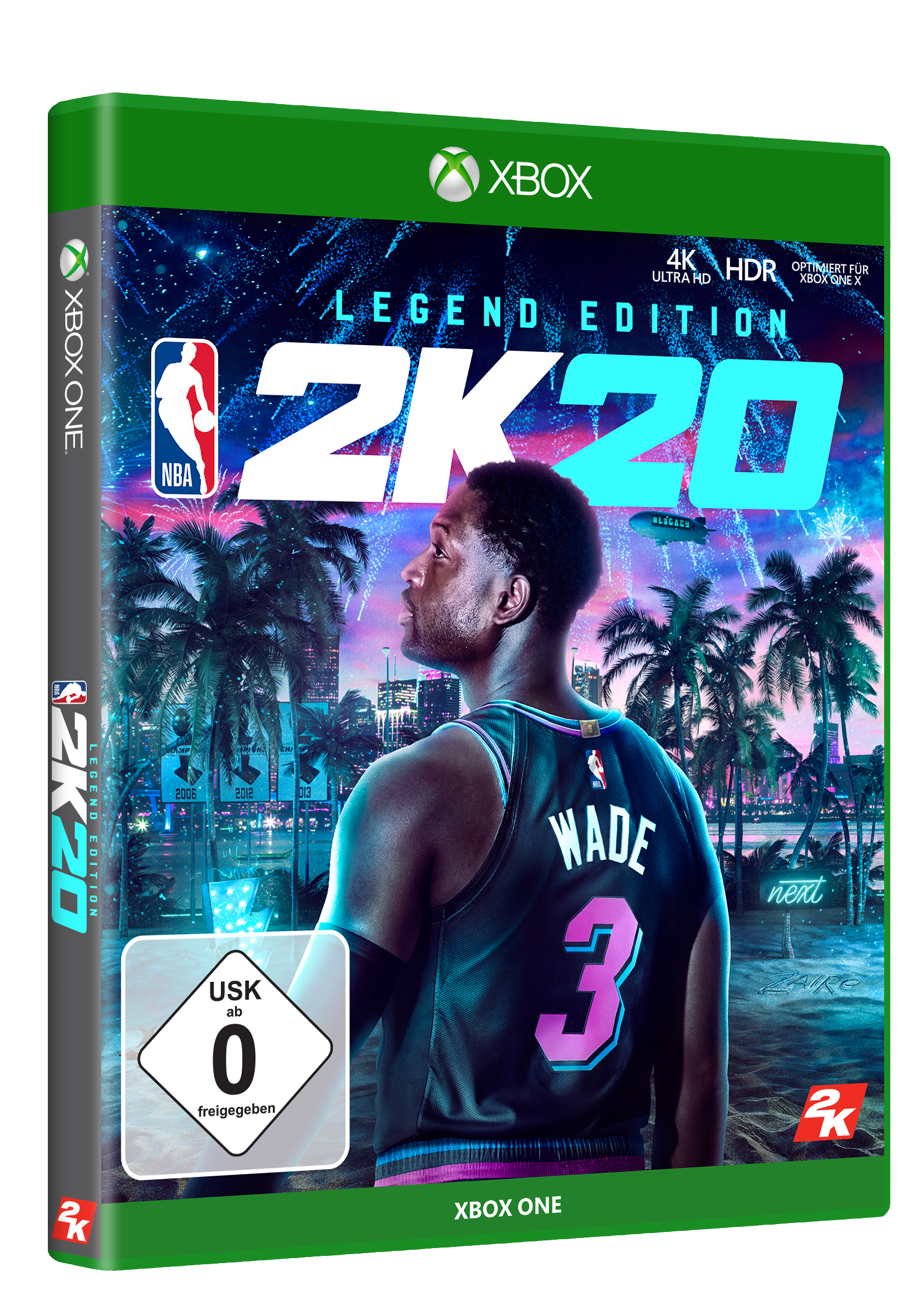NBA 2K20 Legend Edition Spielbox. Zeigt einen Basketballspieler und Stadtlichter im Hintergrund.