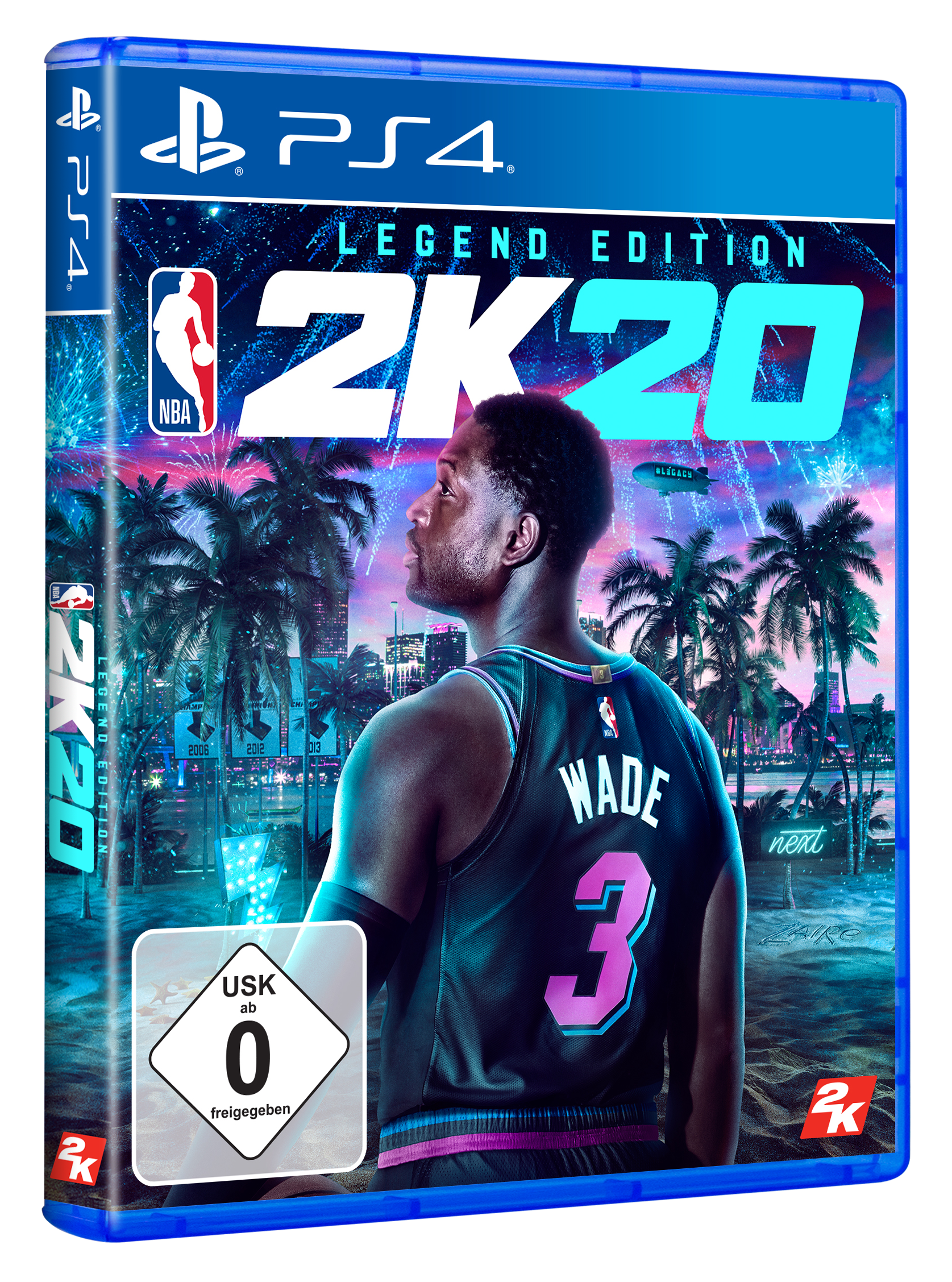 Blaue PS4-Spielhülle für NBA 2K20 Legend Edition. Mit Basketballspieler und Skyline von Miami.