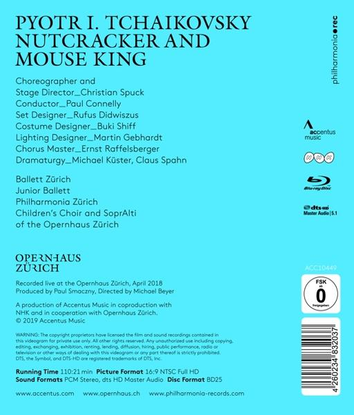 Die Rückseite einer blauen DVD-Hülle für das Ballett Nussknacker und Mäusekönig.