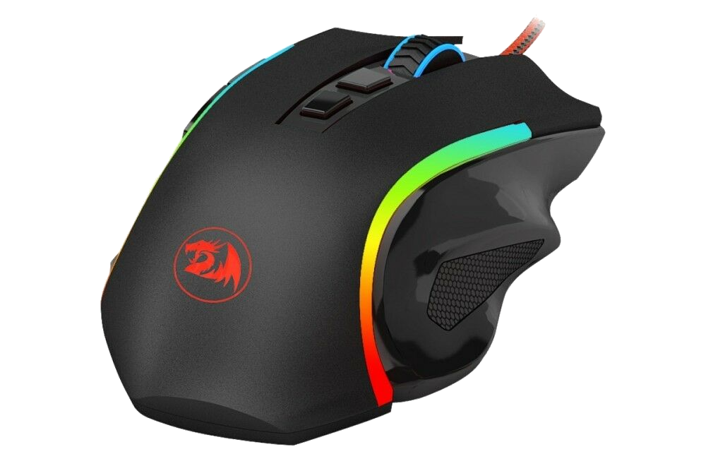 Fekete gamer egér RGB világítással. Redragon logó látható.