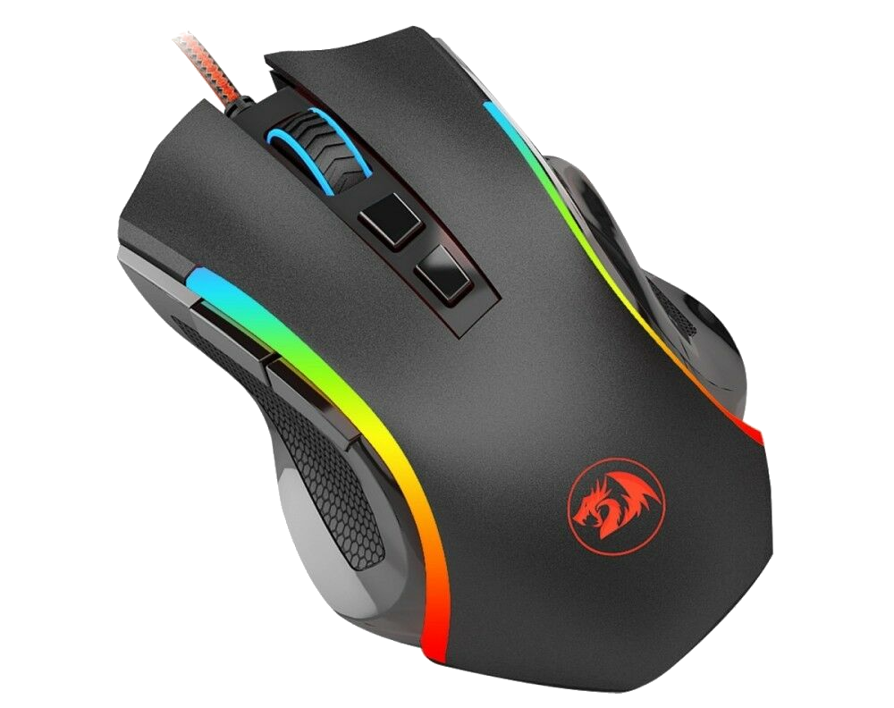 Fekete gamer egér RGB világítással. Az egéren gombok és kábel található.
