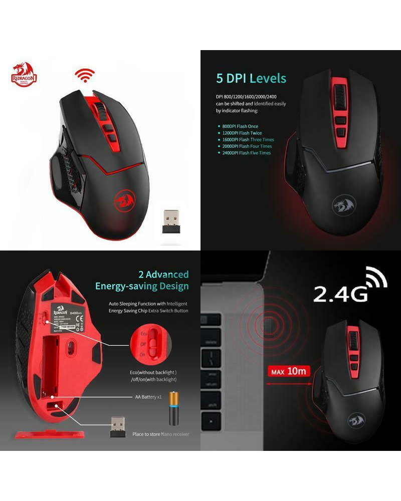 Fekete és piros gamer egér a funkciókkal. Tartalmaz DPI szinteket, 2.4G-t és energiatakarékos kialakítást.