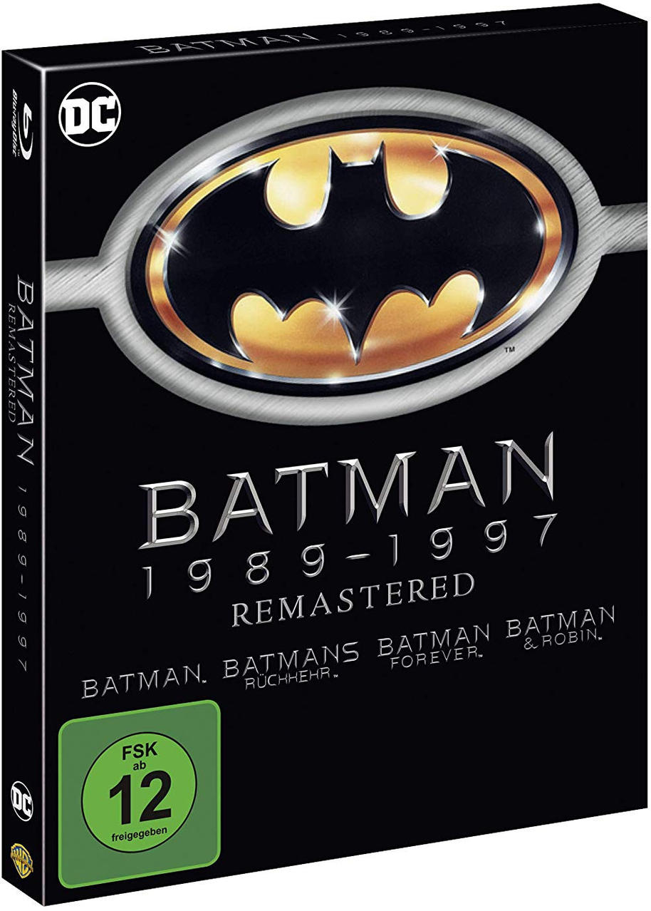 Batman 1989-1997 remastered DVD-Box-Set. Schwarzer Hintergrund mit Batman-Logo und Text.