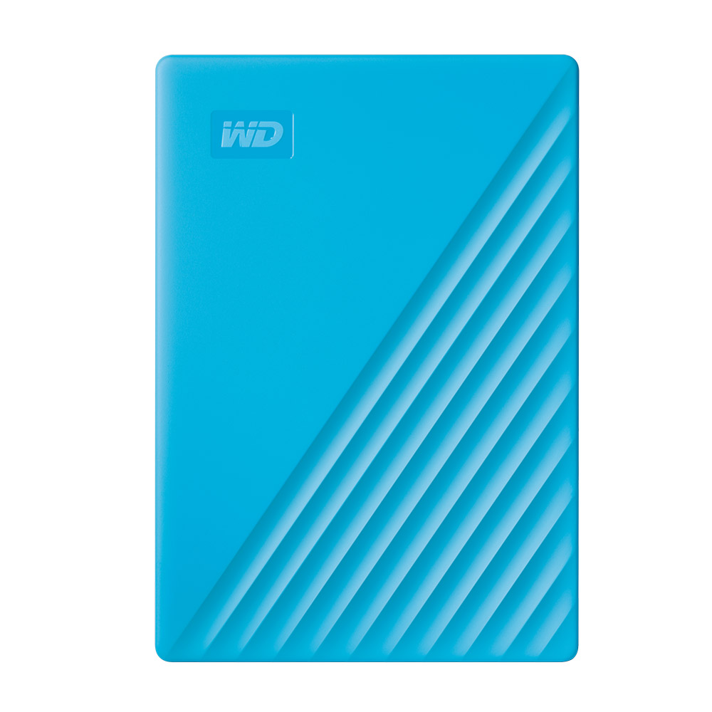 Eine blaue tragbare Festplatte mit diagonalem strukturierten Muster und weißem WD-Logo.