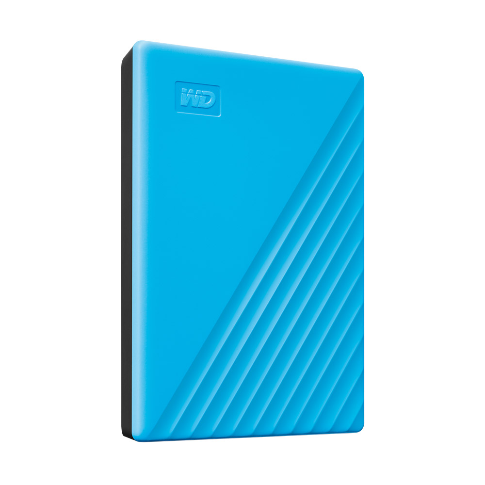 Blaue externe Festplatte mit strukturierter Oberfläche.