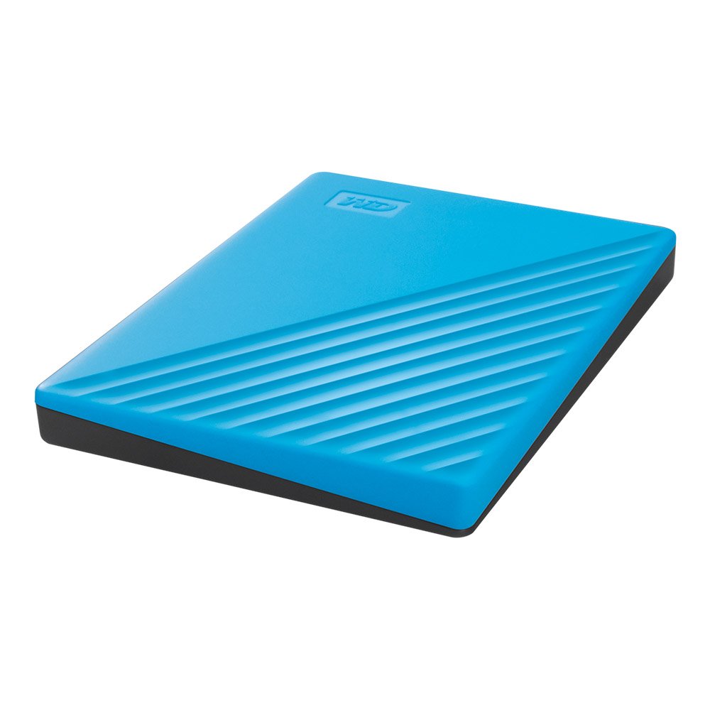 Eine blaue externe Festplatte. Sie hat eine rechteckige Form mit diagonalen Linien.