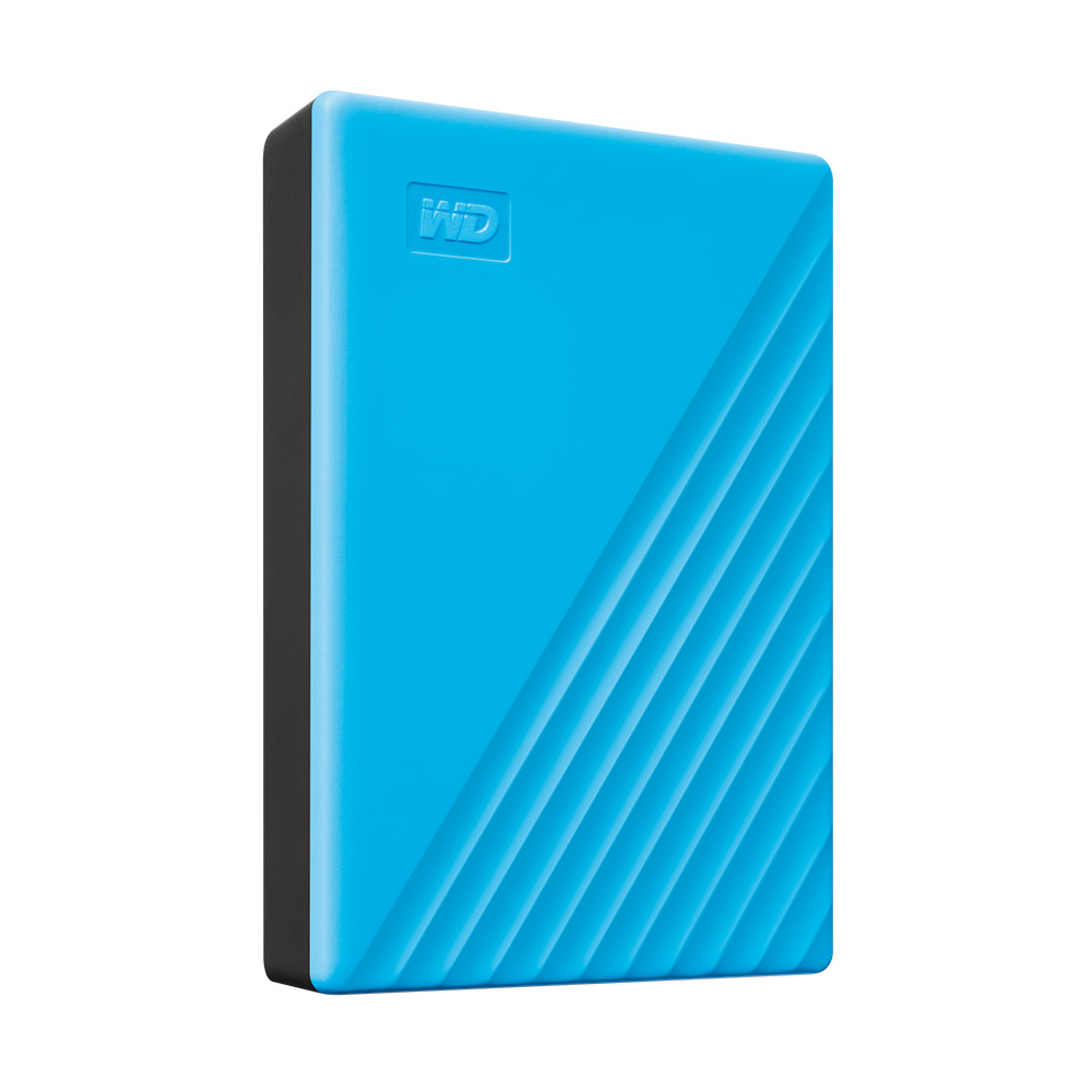 Blaue externe Festplatte. Die Oberfläche hat diagonale Linien mit dem 'WD'-Logo in der Ecke.