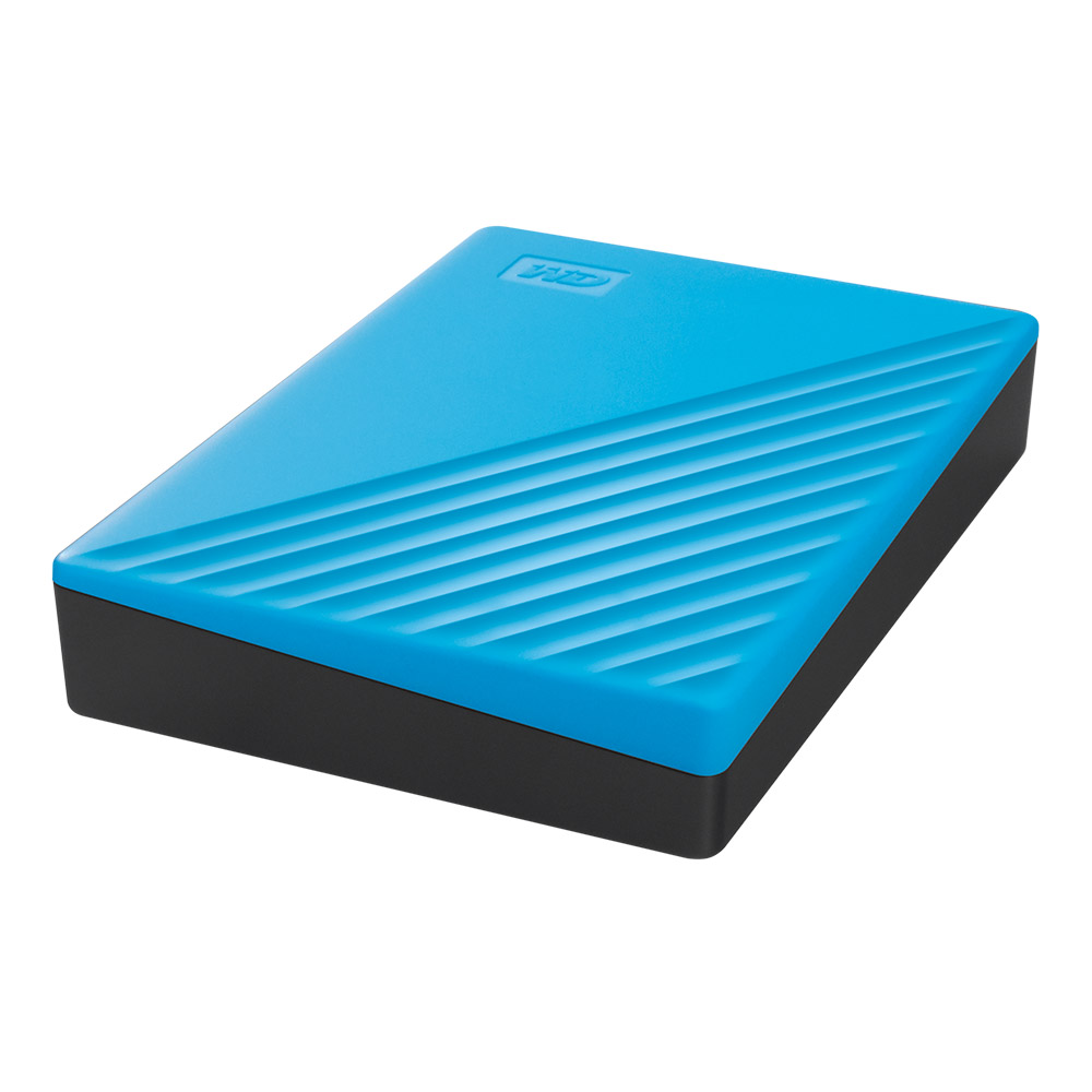 Blaue und schwarze externe Festplatte von WD, schräge Ansicht, mit strukturierter Oberseite.