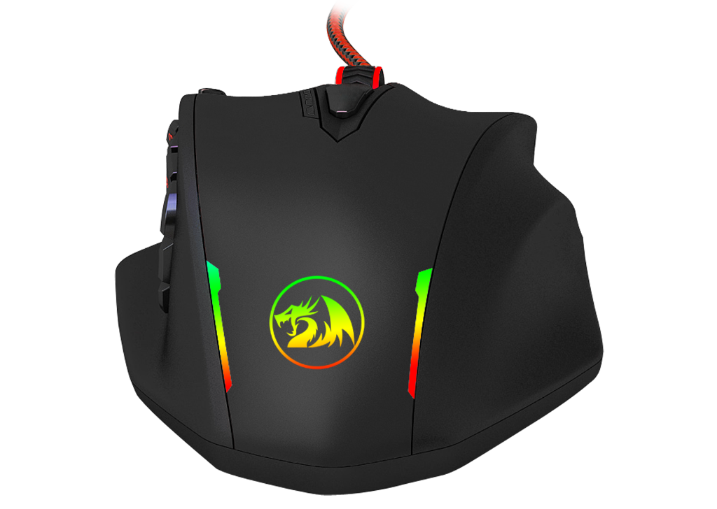 Egy fekete gamer egér RGB-világítással és egy piros fonott kábellel. Az egéren oldalsó gombok vannak.