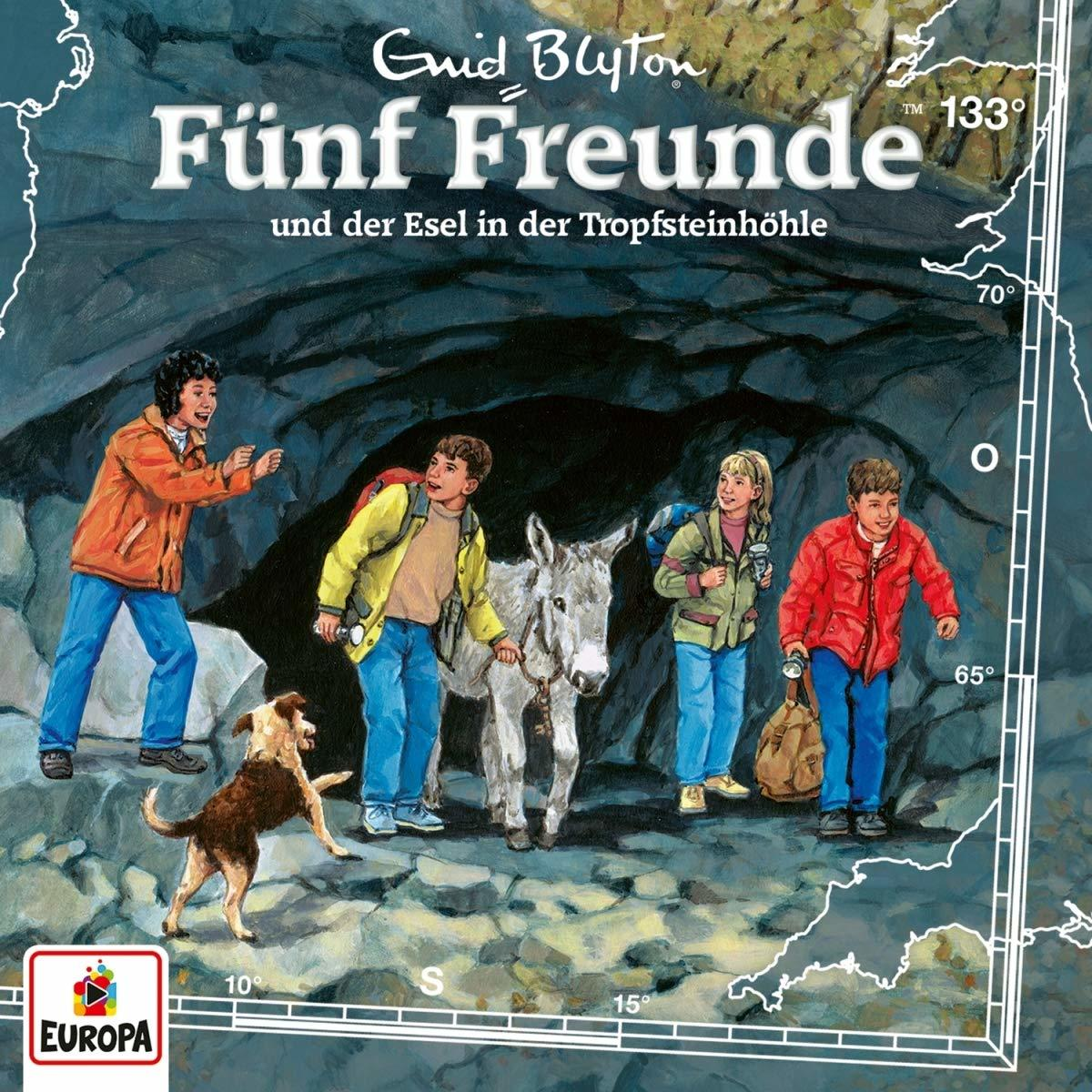 Buchcover: Fünf Freunde. Enthält Illustrationen von Kindern, einem Hund und einem Esel.