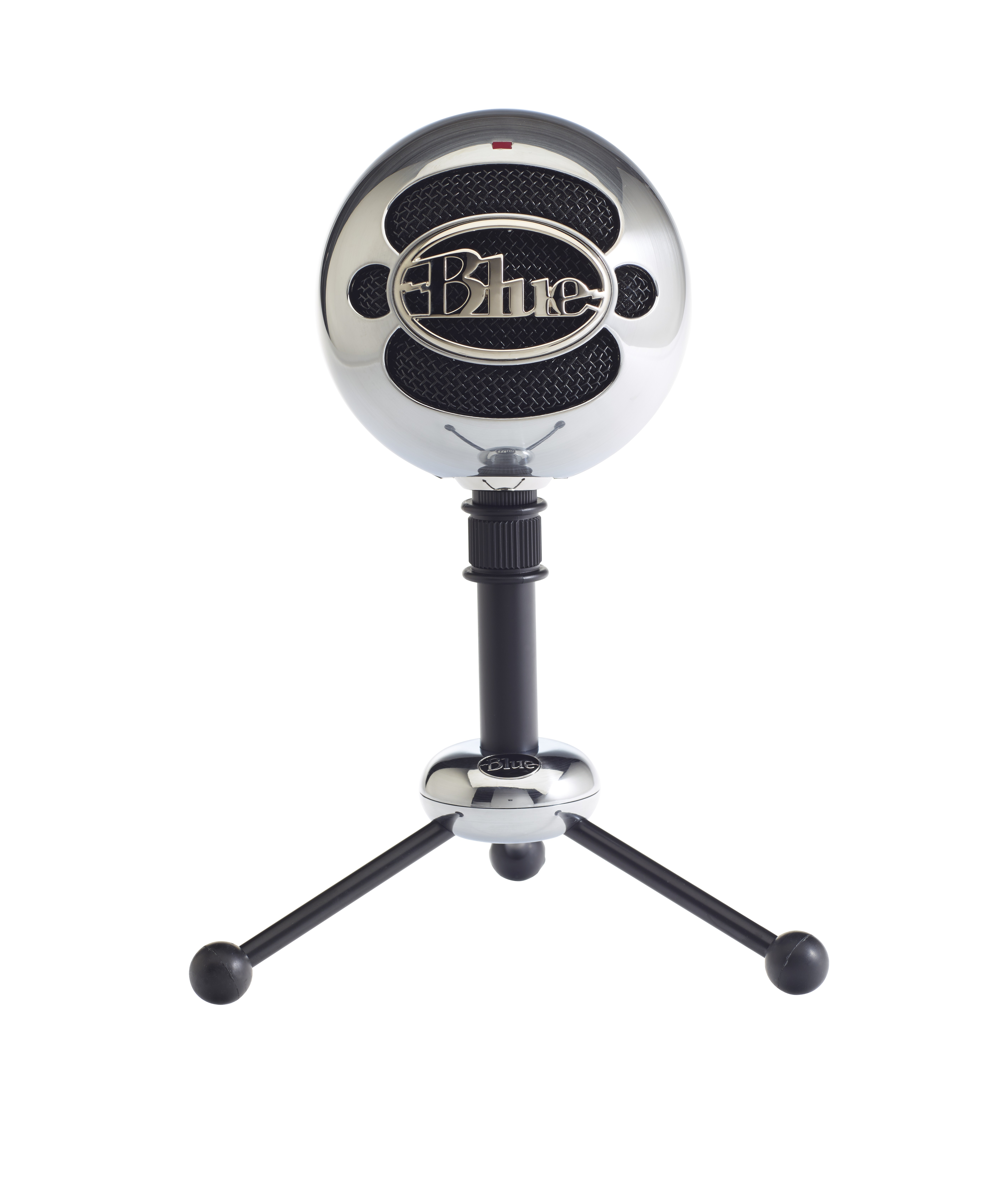 Blue Yeti Mikrofon. Silbernes, kugelförmiges Design. Schwarzer Ständer mit drei Beinen. Blaues Logo.