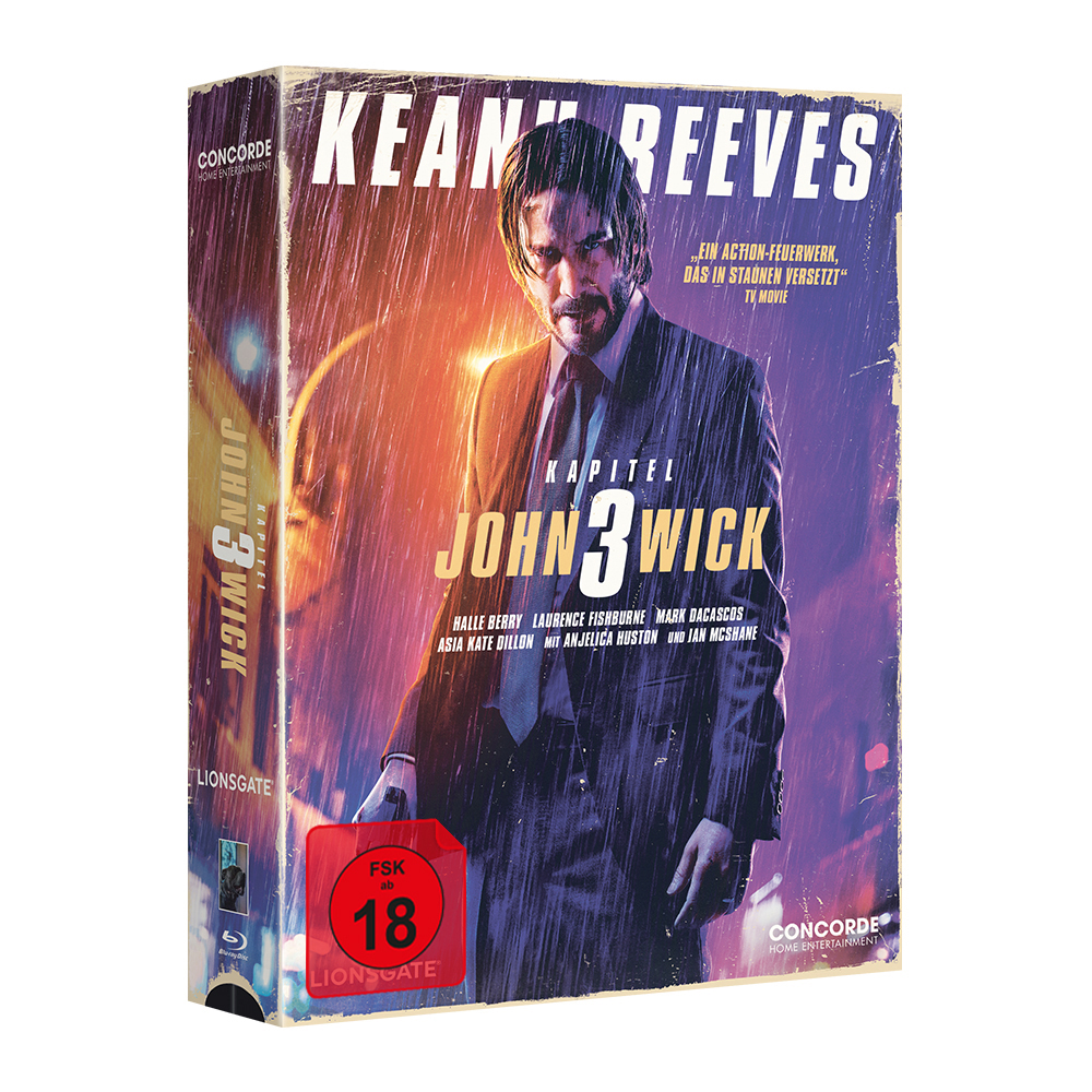 John Wick 3 Blu-ray-Cover mit Keanu Reeves im Anzug, mit Text und Logos.