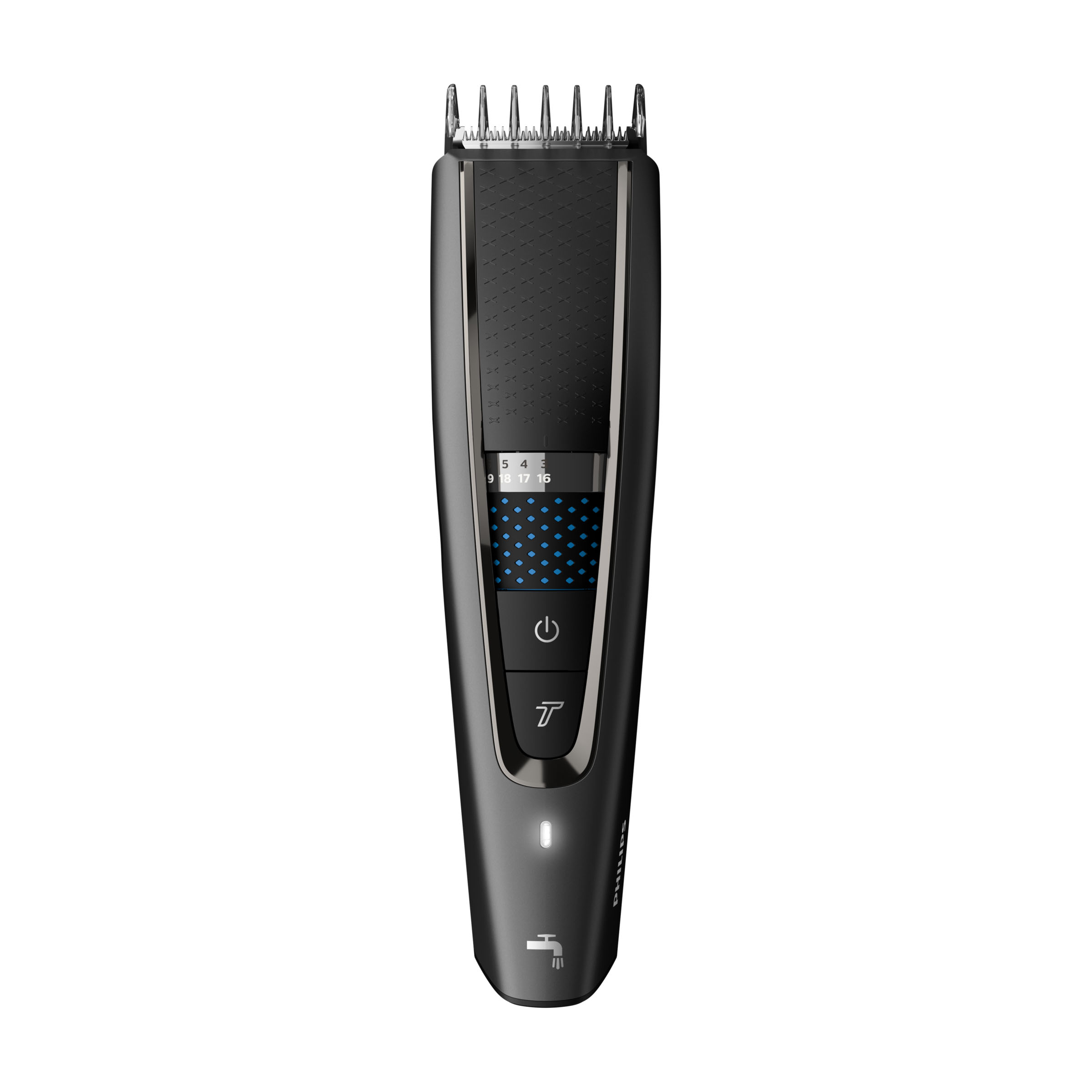 Schwarzer und grauer Philips Haarschneider mit Längeneinstellungen.